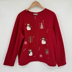 Croft & Barrow Red Embroidered Snowmen/Tree Trio Zip Fleece Sweater Women's